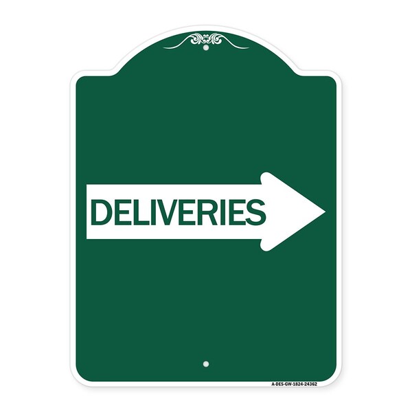 Deliveries With Right Arrow, Green & White Aluminum Architectural Sign, 18" x 24", GW-1824-24362